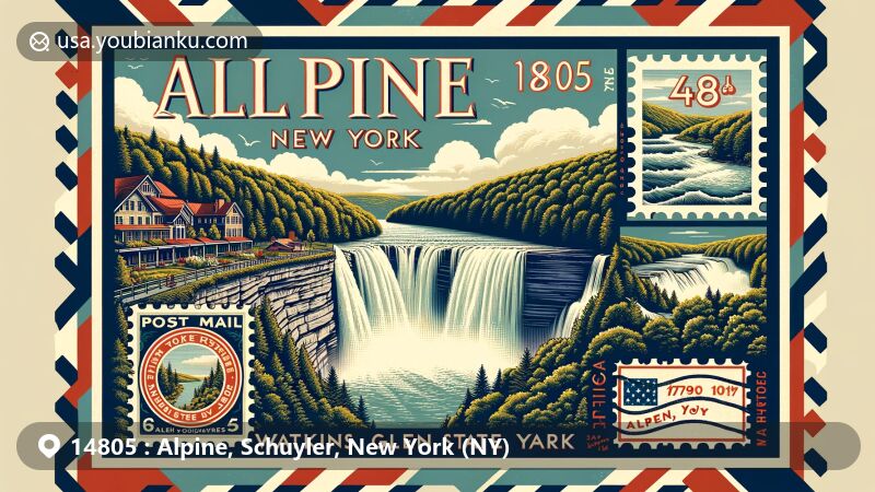 Modern illustration of Finger Lakes region in Alpine, New York, featuring Watkins Glen State Park's stunning waterfalls and vintage postal elements with ZIP code 14805 and Alpine NY markings.