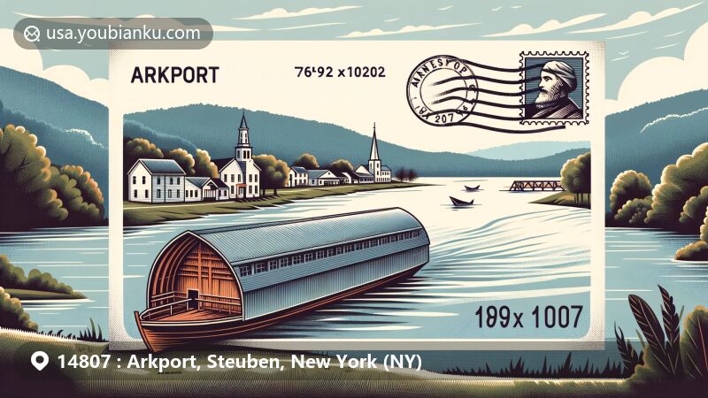 Modern illustration of Arkport, Steuben County, New York, depicting a postcard with a historic ark symbolizing transportation and trade significance, set against Canisteo River, showcasing ZIP code 14807 and postal elements.
