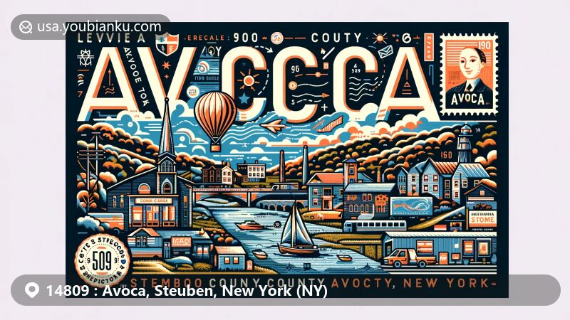 Modern illustration of Avoca, Steuben County, New York, showcasing postal theme with ZIP code 14809, featuring local landscapes, climate characteristics, and postal-inspired elements like postcard and stamp design. Capturing essence of Avoca's life with a balance of regional and postal elements.