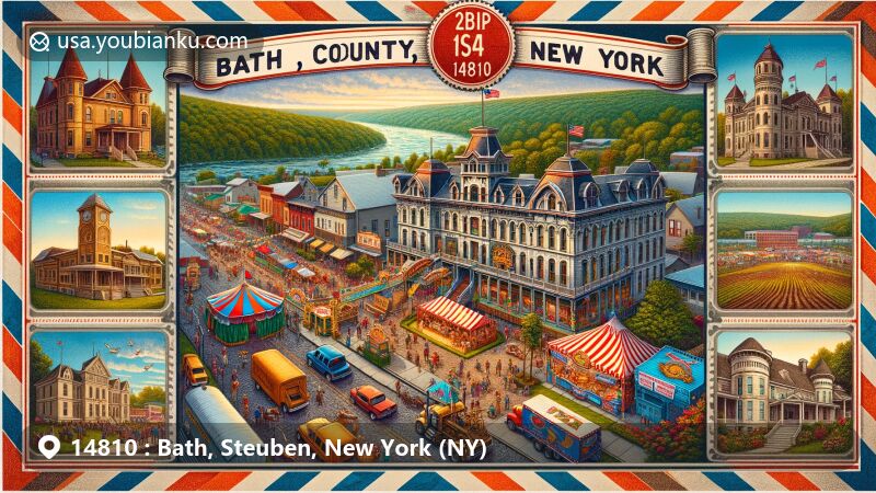 Modern illustration of Bath, Steuben County, New York, featuring ZIP code 14810, showcasing Liberty Street Historic District and Bath VA Medical Center in Victorian architectural styles, with Steuben County Fair activities and Cohocton River scenery.