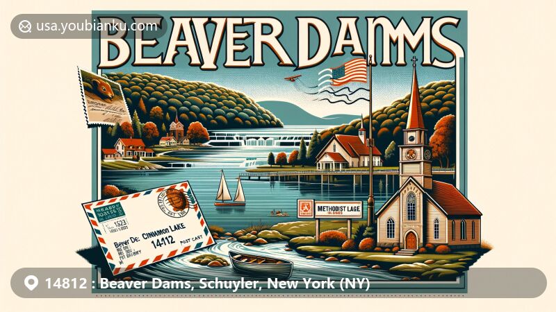 Modern illustration of Beaver Dams, NY, capturing the essence of ZIP code 14812 area with Cinnamon Lake, Methodist church, vintage airmail envelope, NY State flag stamp, postmark, and red post box, harmoniously blending natural beauty and postal elements.