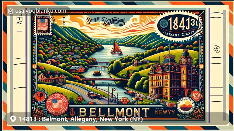 Modern illustration of Belmont, Allegany County, New York, featuring postal theme with ZIP code 14813, highlighting village's hills, Allegany County courthouse, and Genesee River.