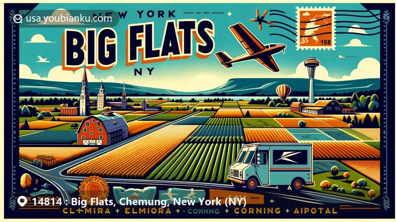 Modern illustration of Big Flats, New York, showcasing agricultural heritage, glider over Harris Hill, and Elmira-Corning Regional Airport, featuring postal elements with ZIP code 14814 and New York State silhouette.
