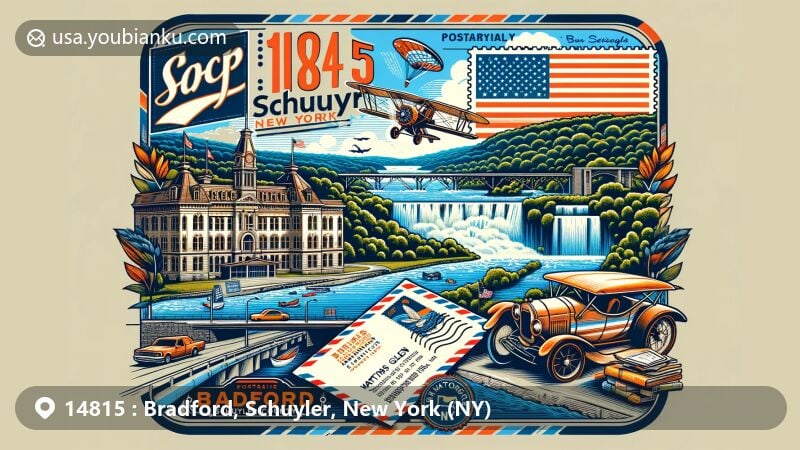 Modern illustration of Bradford, Schuyler County, New York, featuring Seneca Lake, Finger Lakes National Forest, and Watkins Glen State Park, with iconic New York state symbols and vintage postal theme.