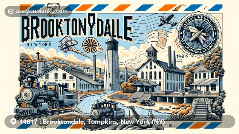 Modern illustration of Brooktondale, Tompkins County, New York, featuring ZIP code 14817 and highlighting the Brooktondale Community Mural, Old Mill, historic train track and station, and Caroline Valley Community Church against an airmail envelope backdrop.