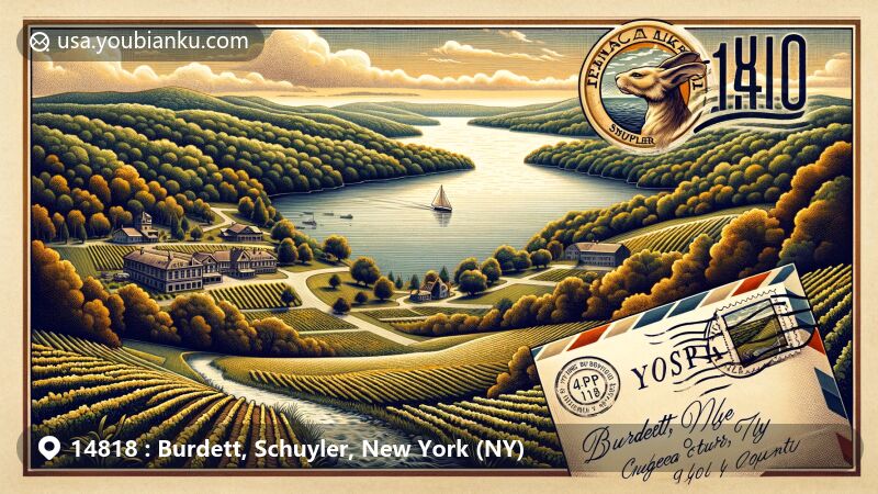 Modern illustration of Burdett, Schuyler County, New York, highlighting Finger Lakes' natural beauty and postal theme with ZIP code 14818, featuring Seneca Lake, vineyards, Logan Creek, and vintage postal elements.