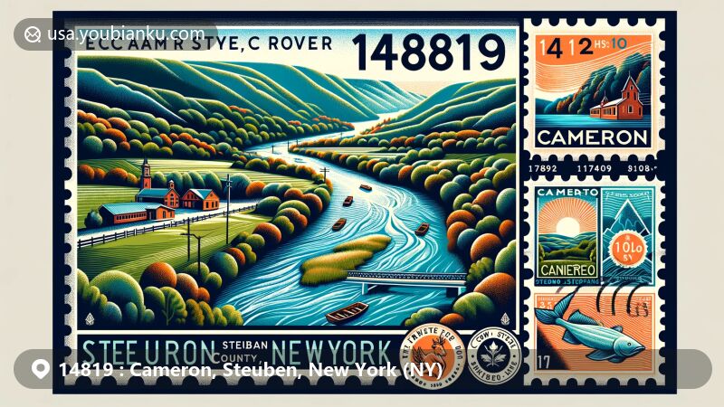 Modern illustration of Cameron, Steuben County, New York, with postal theme showcasing ZIP code 14819, featuring scenic Canisteo River valley and historical town icons.