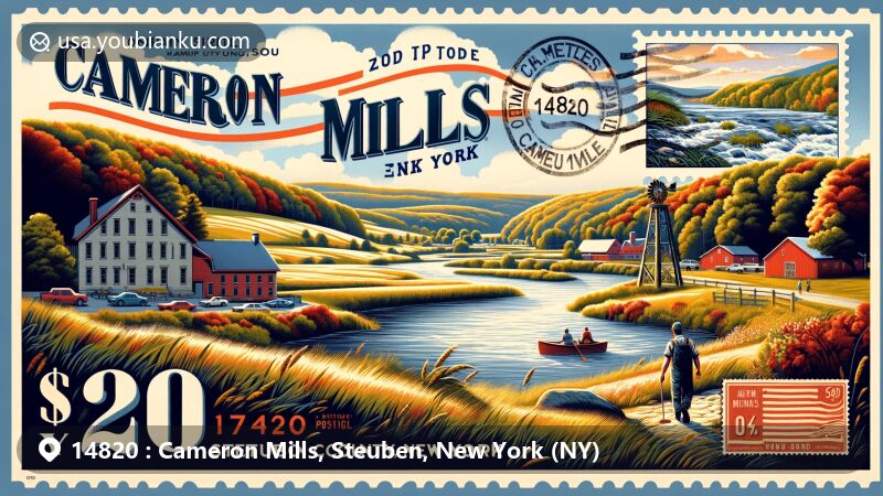 Modern illustration of Cameron Mills, Steuben County, New York, highlighting postal theme with ZIP code 14820, featuring picturesque countryside, Canisteo River, outdoor activities, and small-town community vibe.