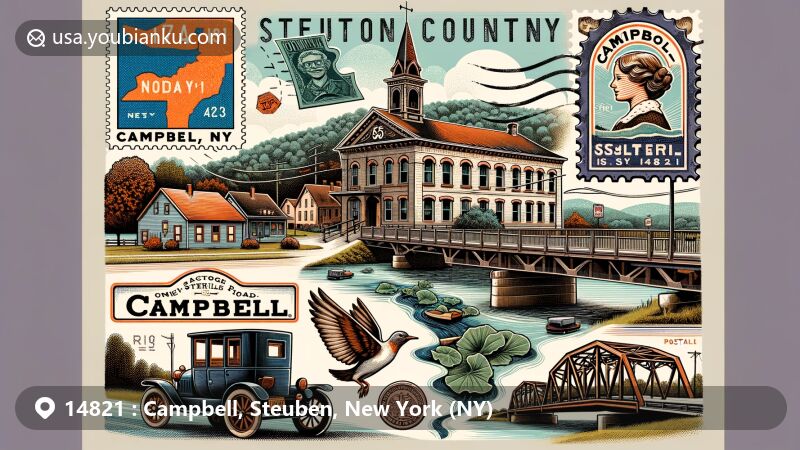 Modern illustration of Campbell, Steuben County, New York, with vintage postcard layout featuring Conhocton River, District School Number Five, Wood Road Metal Truss Bridge, and postal elements showcasing community spirit.