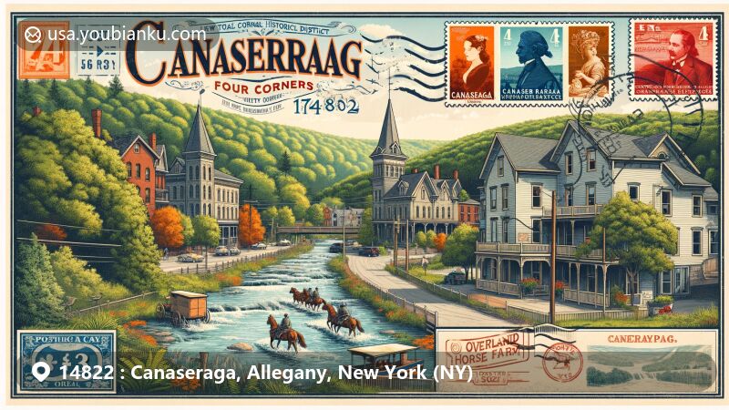 Modern illustration of Canaseraga, New York, combining scenic beauty, historical allure, and postal elements, featuring Canaseraga Four Corners Historic District with late Victorian architecture and surrounding natural landscape.
