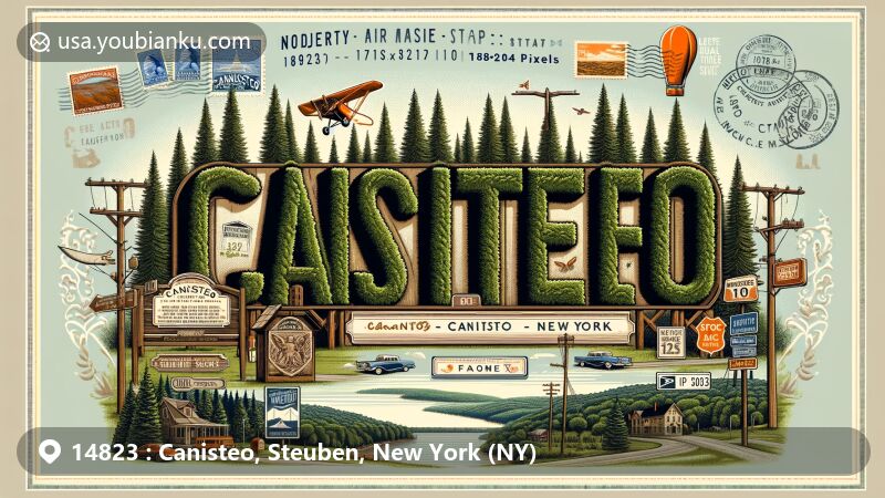 Modern illustration of Canisteo, Steuben County, New York, featuring Canisteo Living Sign made of 260 pine trees spelling out the name 'Canisteo', surrounded by rich history, natural beauty, and postal elements like vintage air mail envelope, stamps, postmark with ZIP code 14823, and old-fashioned mailbox.