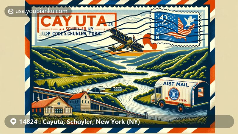 Modern illustration of Cayuta, Schuyler, New York, highlighting postal theme with ZIP code 14824, featuring vintage air mail envelope with Cayuta Creek stamp.