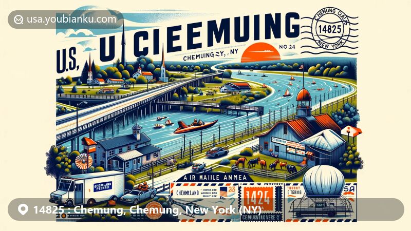 Modern illustration of Chemung, Chemung County, New York, capturing the essence of the town with elements like the Chemung River, Chemung Speedrome, and Farmland Animal Park, set within a postal theme emphasizing natural beauty and community attractions.