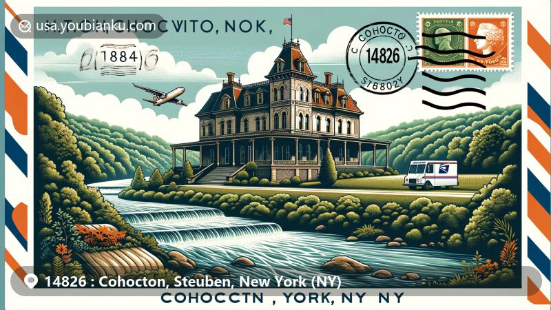 Stylized illustration of Cohocton, Steuben County, NY, showcasing Larrowe House's historic architecture and Cohocton River's natural beauty, with postal theme elements like postal stamp and '14826' and 'Cohocton, NY' text.