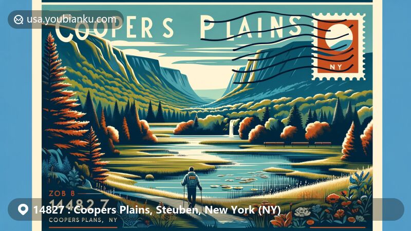 Modern illustration of Coopers Plains, Steuben County, New York, showcasing natural beauty and postal theme with ZIP code 14827, featuring hiking trails, mountains, and forests.