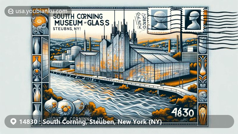 Illustration of Corning Museum of Glass and Chemung River in Corning, NY with glass artifacts, stamps, and postmarks, featuring ZIP code 14830 and South Corning, highlighting postal identity and cultural charm.