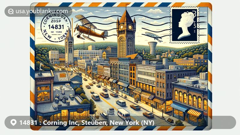 Modern illustration of Corning, New York, showcasing Gaffer District with unique shops and historic architecture, featuring Little Joe Tower and Corning Museum of Glass, highlighting the city's vibrant community and glassmaking heritage, with a postal theme including a vintage air mail envelope and ZIP code 14831.