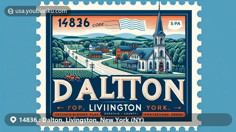 Modern illustration of Dalton, Livingston, New York, showcasing rural tranquility in the picturesque setting of a small census-designated place between Nunda and Portage towns, integrated with iconic elements from Livingston County and creative postal design with ZIP code 14836.