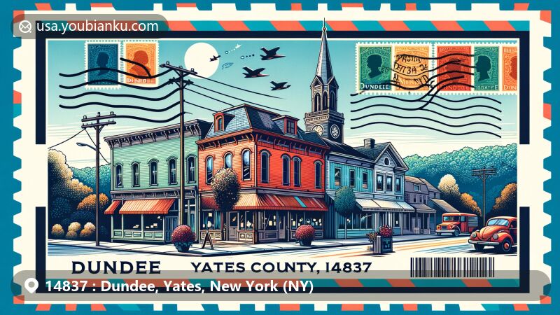 Modern illustration of Dundee Village Historic District, Yates County, New York, featuring 19th-century commercial buildings, Dundee State Bank, Baptist Church, and modern postal overlay with 'Dundee, NY 14837' postal symbols.