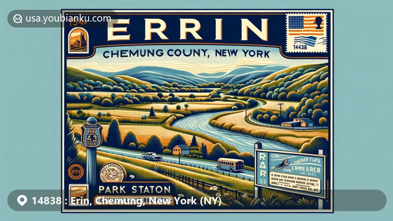 Modern illustration of Erin, Chemung County, New York, blending scenic, historical, and postal elements, featuring Park Station county park, Newtown Creek, and vintage postal motifs with ZIP code 14838.