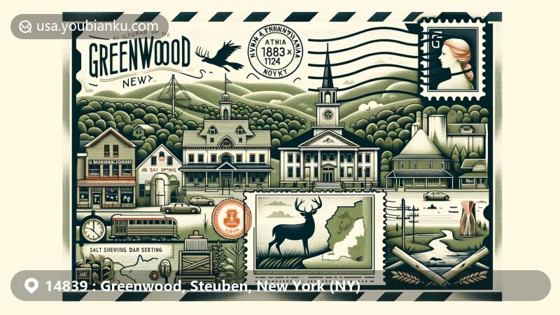 Modern illustration of Greenwood, New York, blending rich history and natural beauty with postal elements like vintage stamp, postmark, and envelope, highlighting early settlers' life and agricultural role.