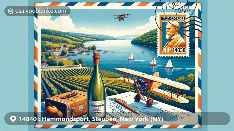Modern illustration of Hammondsport, NY, showcasing picturesque postcard scene of Keuka Lake with vineyards, airmail envelope symbolizing town's aviation and wine industry contributions.