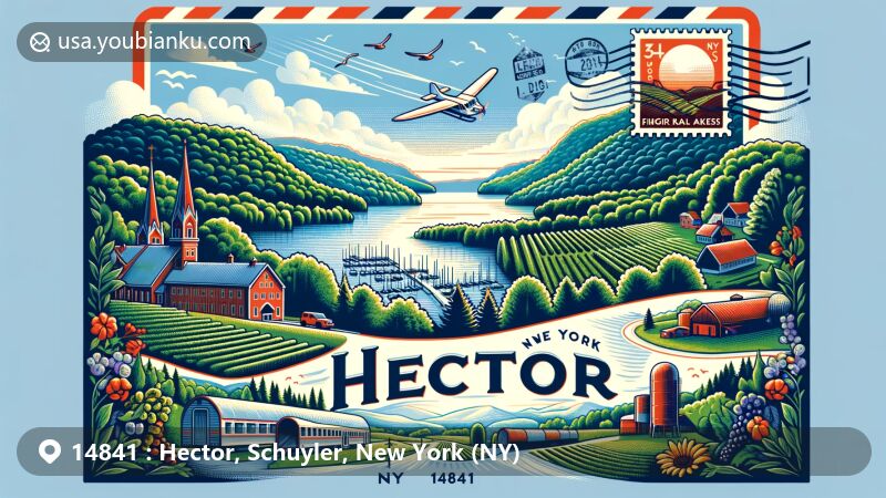 Modern illustration of Hector, New York, representing scenic Seneca Lake, Finger Lakes National Forest, wineries, and agricultural heritage, with postal elements like airmail envelope and '14841' stamp.