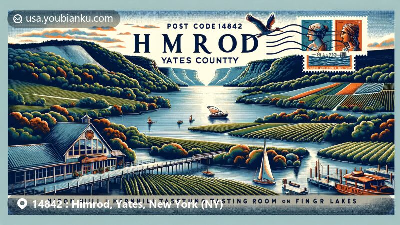 Modern illustration of Himrod, Yates County, New York, showcasing postal theme with ZIP code 14842, featuring Heron Hill Tasting Room on Seneca Lake and Finger Lakes vineyards.