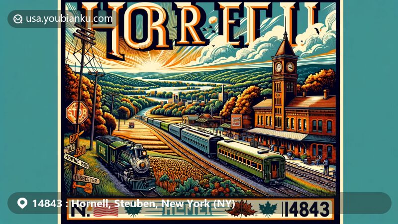 Modern illustration of Hornell, New York, emphasizing railroad heritage and nature, with Maple City theme and Canisteo Valley backdrop, creatively incorporating postal elements highlighting ZIP code 14843.
