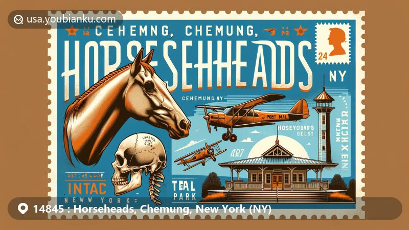Modern illustration of Horseheads, Chemung County, New York (NY), featuring vintage postcard layout with 'Horseheads, Chemung, New York (NY)' text, artistic representation of American Military Horse history with sun-bleached horse skulls, National Soaring Museum, Teal Park bandstand, and postal elements like stamp, air mail envelope border, and postmark with ZIP code 14845.