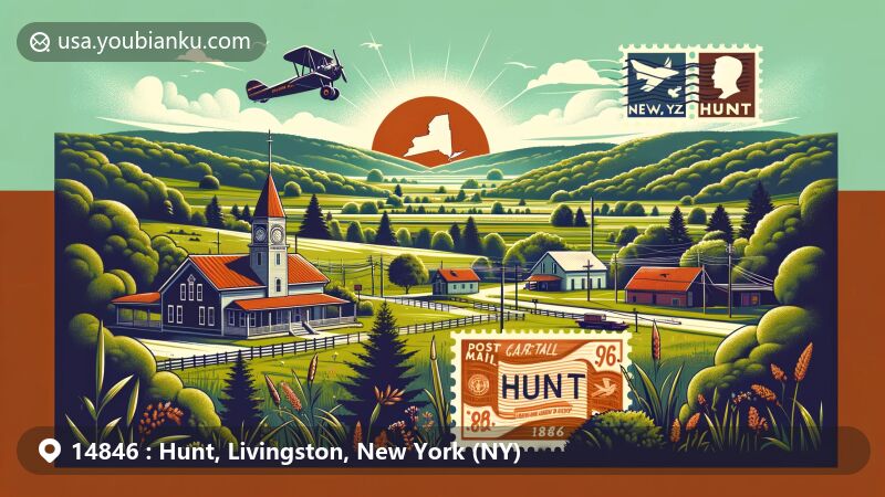 Modern illustration of Hunt, Livingston County, New York, depicting rural landscape with lush vegetation and rolling hills, featuring G.A.R. Memorial Hall and postal elements like vintage air mail envelope, NY State silhouette stamp, and 'Hunt, NY 14846' postmark.