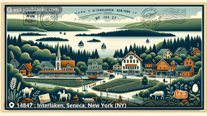 Modern illustration of Interlaken, Seneca, New York, portraying serene landscapes and community spirit in the Finger Lakes region, featuring Cayuga and Seneca Lakes, iconic landmarks like D & K Ranch, Lively Run Dairy, and Lucas Vineyards, and a creative postal theme with vintage elements.