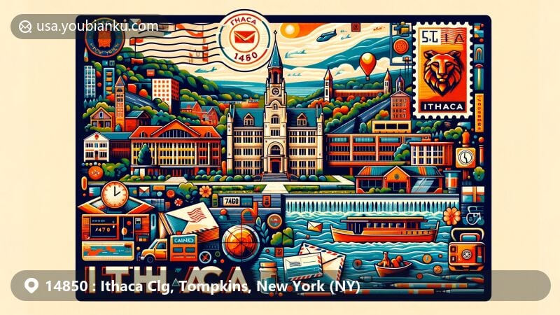 Modern illustration of Ithaca, Tompkins County, New York, highlighting postal theme with ZIP code 14850, featuring Cornell University, Ithaca Falls, and Commons downtown area.