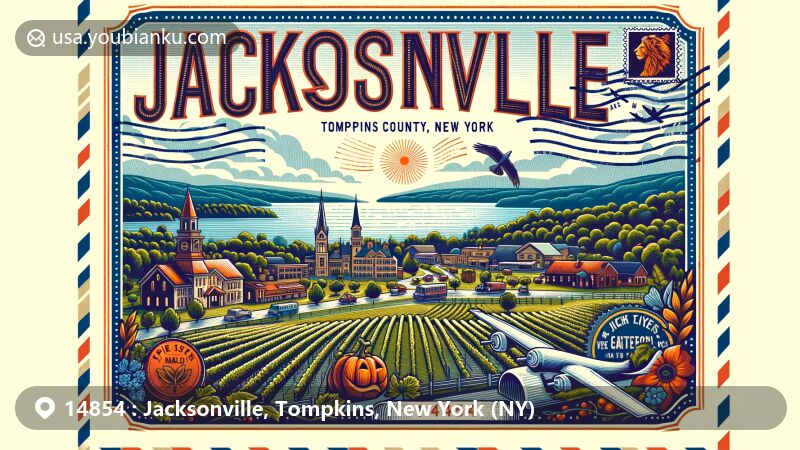 Modern illustration of Jacksonville, Tompkins County, New York, showcasing Finger Lakes wine country with vineyards and wineries, incorporating vintage postcard elements with postal marks and air mail envelope border.