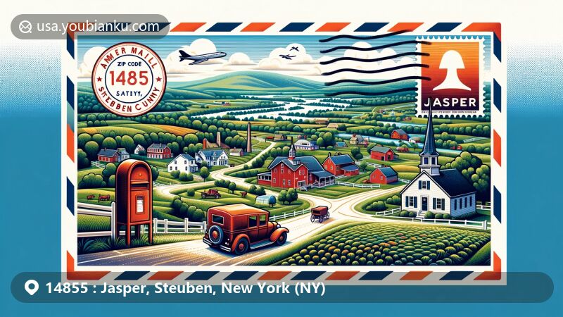 Modern illustration of Jasper, Steuben County, New York, capturing rural and small-town charm, the presence of an Amish community, and local landmarks like Tuscarora Creek with ZIP code 14855, framed in an air mail envelope with postal elements.