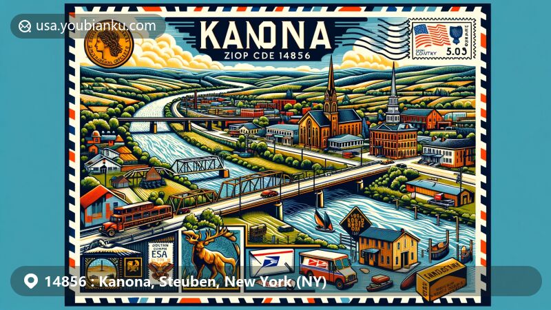 Modern illustration of Kanona, NY, depicting scenic beauty, historical landmarks like Church of the Redeemer, Corning Armory, and Erie Freighthouse Historic District in Bath, with postal symbols showcasing ZIP Code 14856.