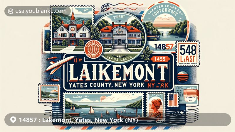 Modern illustration of Lakemont, Yates County, New York, showcasing postal theme with ZIP code 14857, featuring Keuka Lake and landmarks like Garrett Memorial Chapel and Crooked Lake Outlet Historic District.