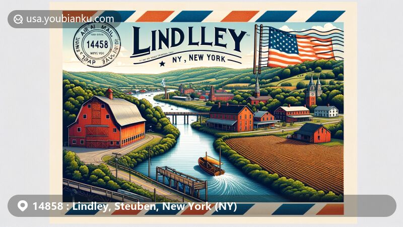 Modern illustration of Lindley, Steuben, New York, showcasing historic tobacco barns, Tioga River, and agricultural legacy within vintage airmail envelope with NY state flag and postal elements.
