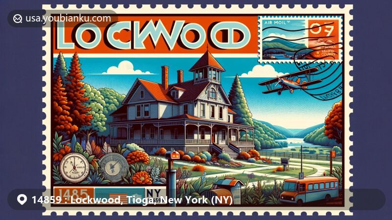 Modern illustration of Lockwood, Tioga County, New York, blending natural and architectural heritage elements with postal theme, showcasing a historic building listed on the National Register of Historic Places, set in picturesque surroundings of Lockwood. The scene designed as a vintage-style postcard or airmail envelope features stamps, postmarks ('Lockwood, NY 14859' displayed), and depiction of mailboxes or postal vehicles in the background. The style of the image is both modern and creative, aiming to highlight the unique charm of Lockwood and its surrounding area while celebrating its postal identity. The integration of historical architecture with natural beauty portrays the lush hills and rural allure of the region.