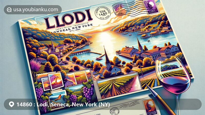 Modern illustration of Lodi, New York, featuring wineries like Lamoreaux Landing, Wagner Vineyards, and Silver Thread Vineyard, set against the backdrop of Seneca Lake. Includes Lodi Point State Park's natural beauty and postal-themed elements like grapevines, wine glasses, stamps, and '14860' postal mark.