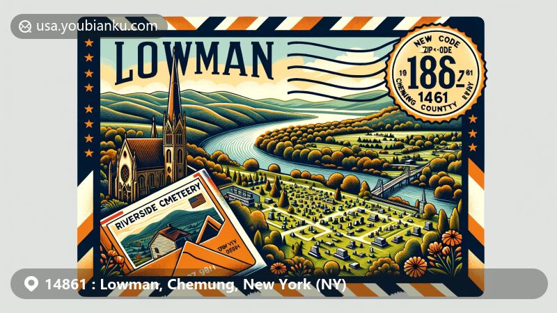 Modern illustration of Riverside Cemetery in Lowman, New York, showcasing scenic beauty of western New York mountains and hills, incorporating postal theme with vintage air mail envelope featuring ZIP code 14861.
