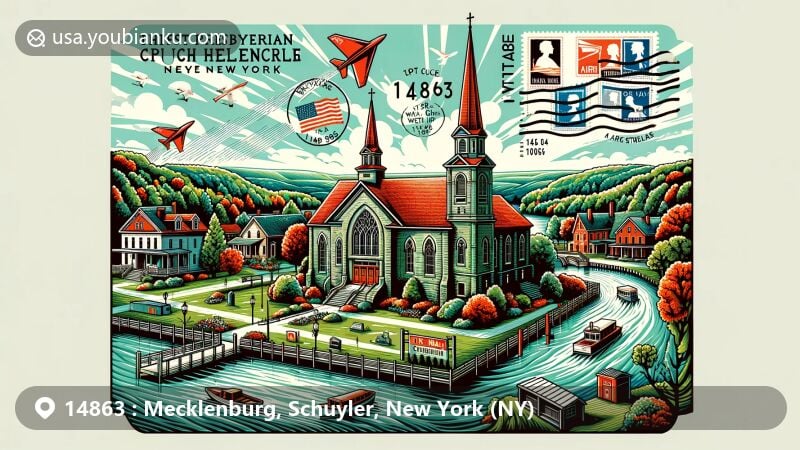 Modern illustration of Mecklenburg, Schuyler County, New York, blending natural beauty, historic architecture, and postal elements with ZIP code 14863, featuring First Presbyterian Church of Hector and Watkins Glen Grand Prix Course.