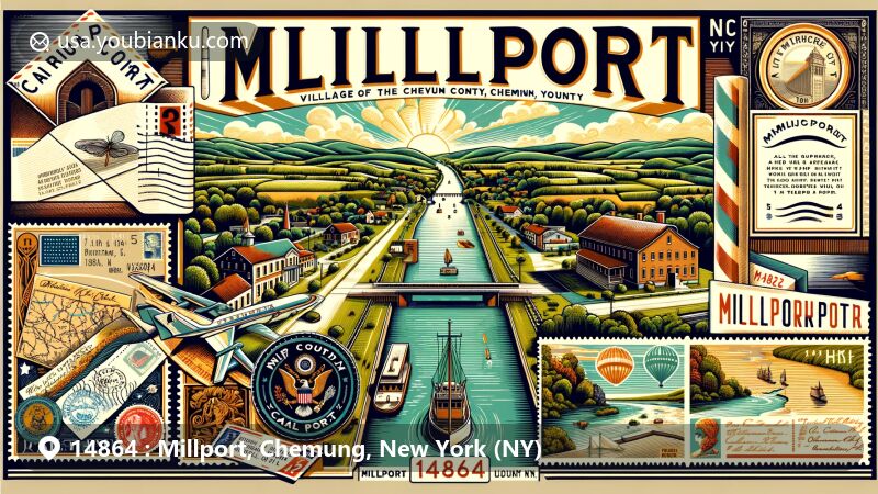 Modern illustration of Millport, Chemung County, New York, featuring vintage postal theme with ZIP code 14864, showcasing historical canal port significance and natural landmark Catharine Creek.