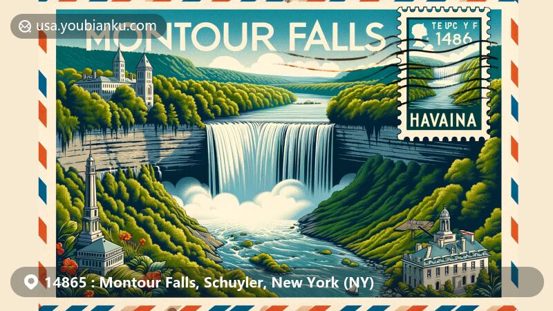 Modern illustration of Montour Falls, New York, highlighting Shequaga Falls and ZIP code 14865, blending rich history and natural beauty, creatively set within an airmail envelope.