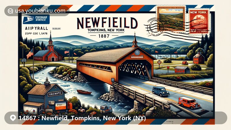 Modern illustration of Newfield, Tompkins, New York (NY), highlighting postal theme with ZIP code 14867, featuring Newfield Covered Bridge, natural scenery, postal elements, and New York state symbols.