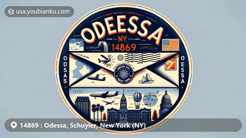 Modern illustration of Odessa, New York, featuring a postal theme with ZIP code 14869, showcasing geographical and historical elements along with New York state symbols and postal elements.