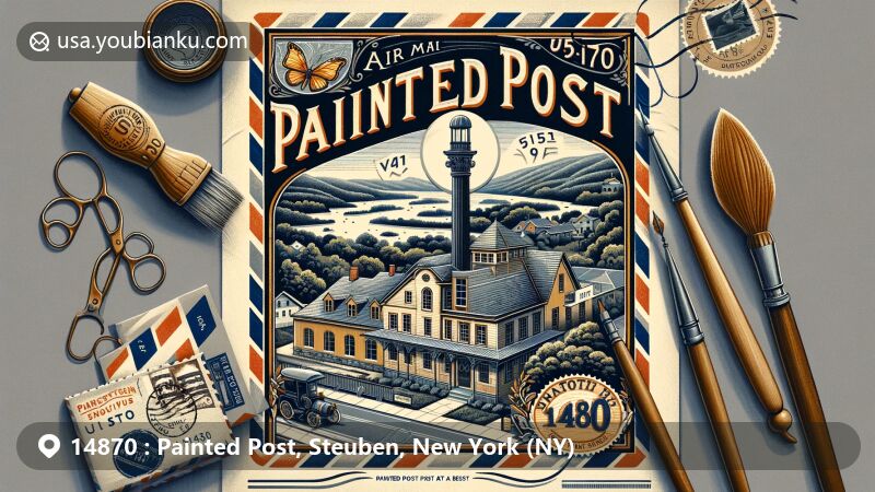 Modern illustration of Painted Post, New York, featuring creative air mail envelope with historic postal pillar representing Captain Montour, Painted Post-Erwin Museum at the Depot, colonial revival US Post Office, and ZIP Code 14870, symbolizing village's postal heritage and architectural legacy.