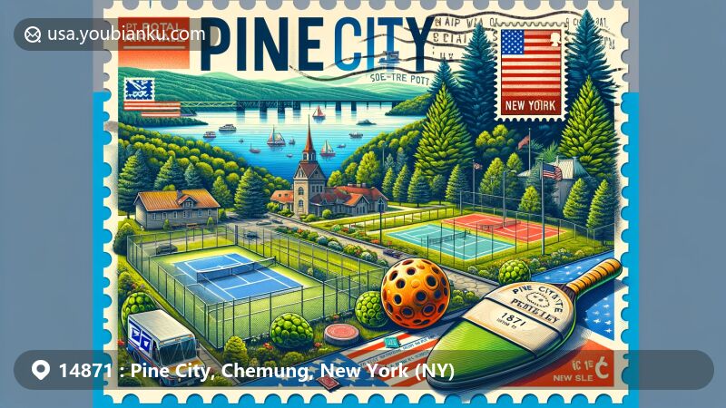 Modern illustration of Pine City, New York, featuring Chapel Park and postal theme with ZIP code 14871, incorporating air mail envelope, stamps, and state symbols.