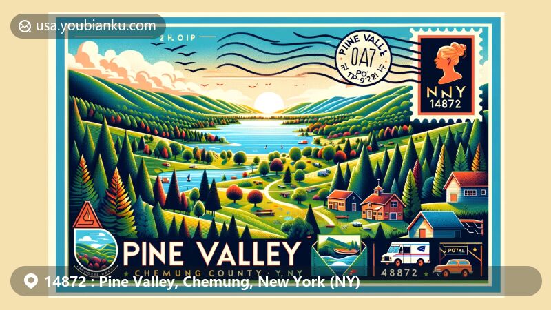 Modern illustration of Pine Valley, Chemung County, New York, showcasing rolling hills, dense forests, and shimmering lakes, inspired by outdoor activities like hiking, camping, and boating.