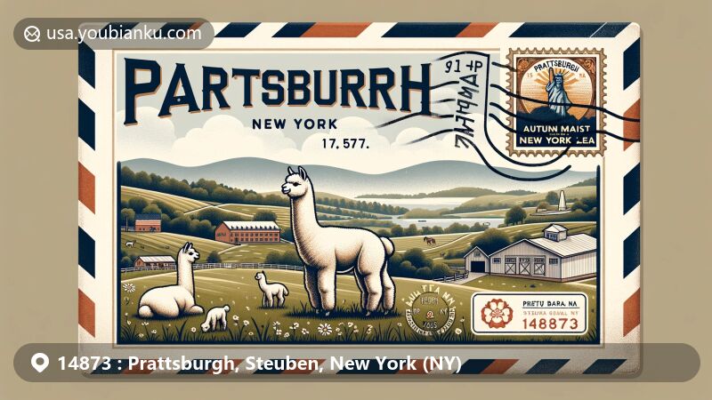 Vintage-style illustration of Prattsburgh, Steuben County, New York, featuring iconic Autumn Mist Alpaca Farm, serene rural landscape, and distinctive high-altitude terrain, with a stamp of New York State flag and postmark 'Prattsburgh, NY 14873'.